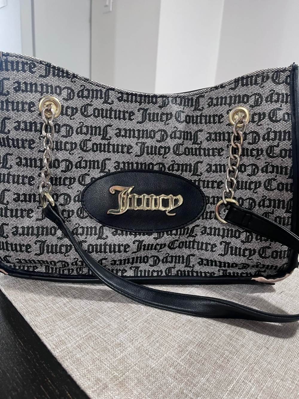 Juicy Couture Black and Cream Logo Shoulder Bag with Gold Accents